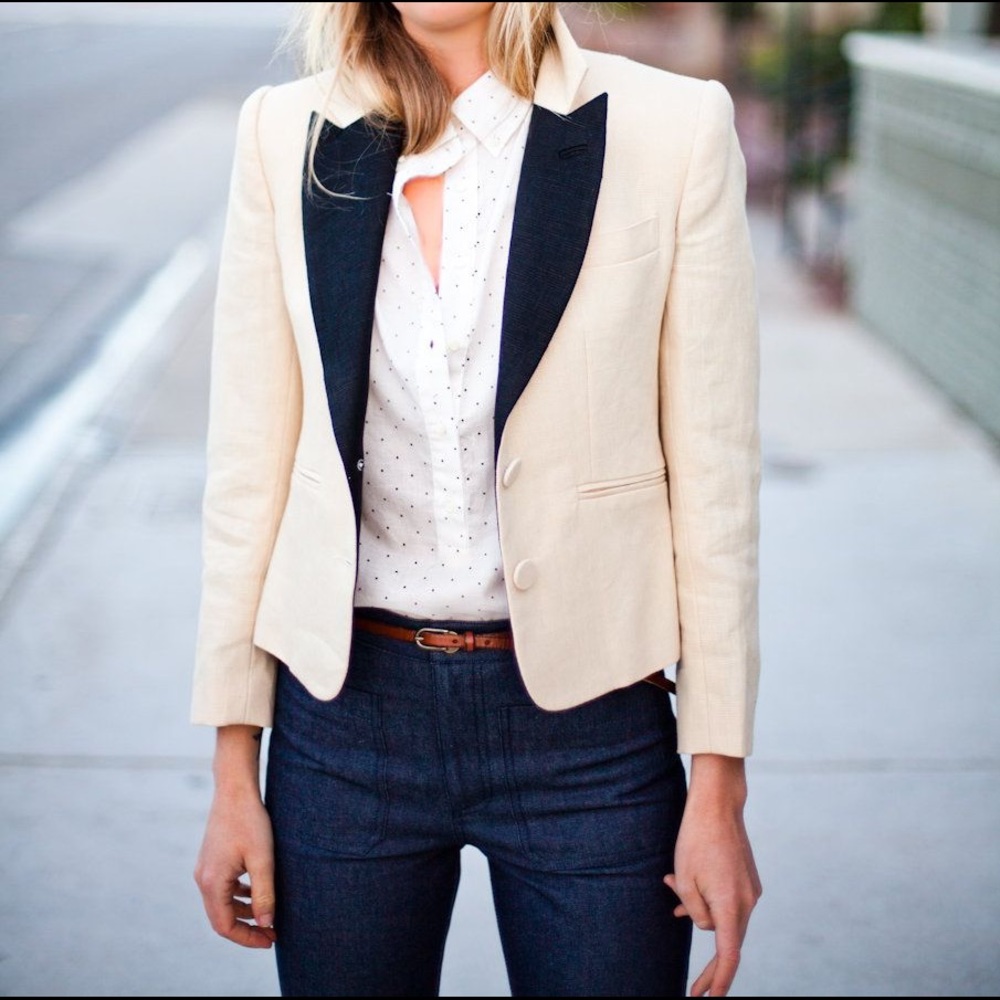 EMERSON FRY Cream & Black Linen Tuxedo Jacket 00